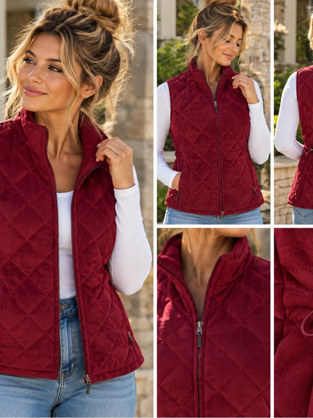 Croft & Barrow Women’s Medium Burgundy Quilted Vest Suede Look Full Zip Fall